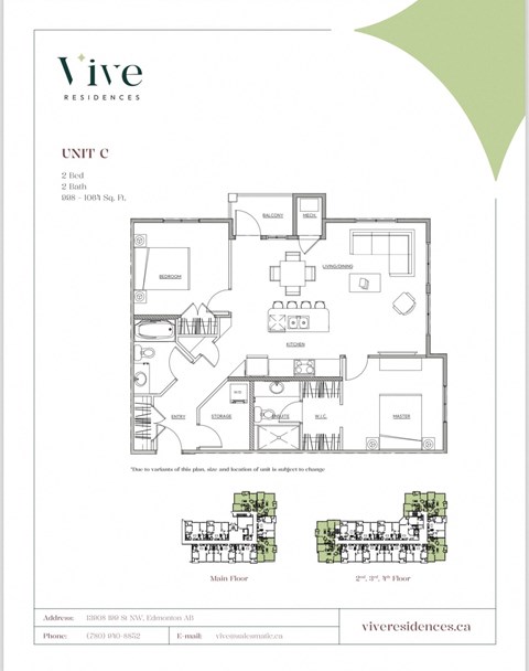 Floor plan for 2 beds, 2 baths, 998 sqft